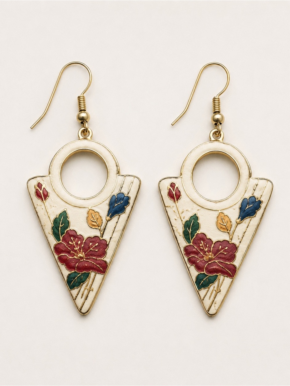 Cloisonné Triangle Drop Earrings — Gold ToneWhite with Red & Blue Floral Accents